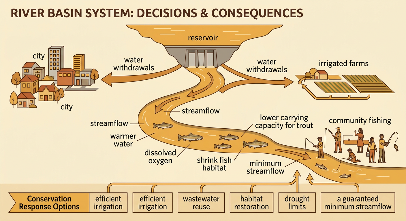 A river basin diagram connects municipal and farm water withdrawals to lower streamflow, reduced fish habitat, and possible conservation responses.