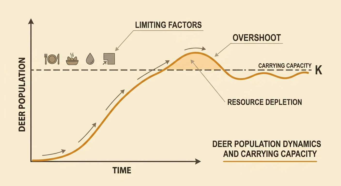 A graph shows a deer population growing, entering overshoot, and then fluctuating near carrying capacity as vegetation decreases.