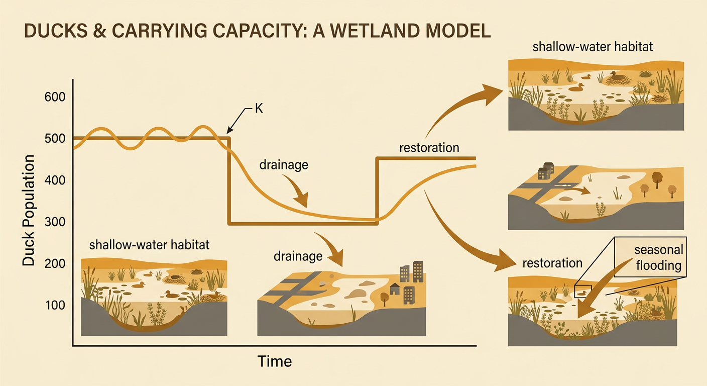 A wetland timeline shows drainage lowering duck carrying capacity and restoration raising it through renewed seasonal flooding.