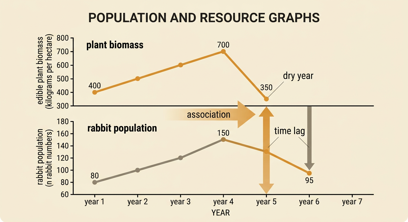 Two aligned time-series graphs show plant biomass dropping during a dry year and the rabbit population declining one year later.