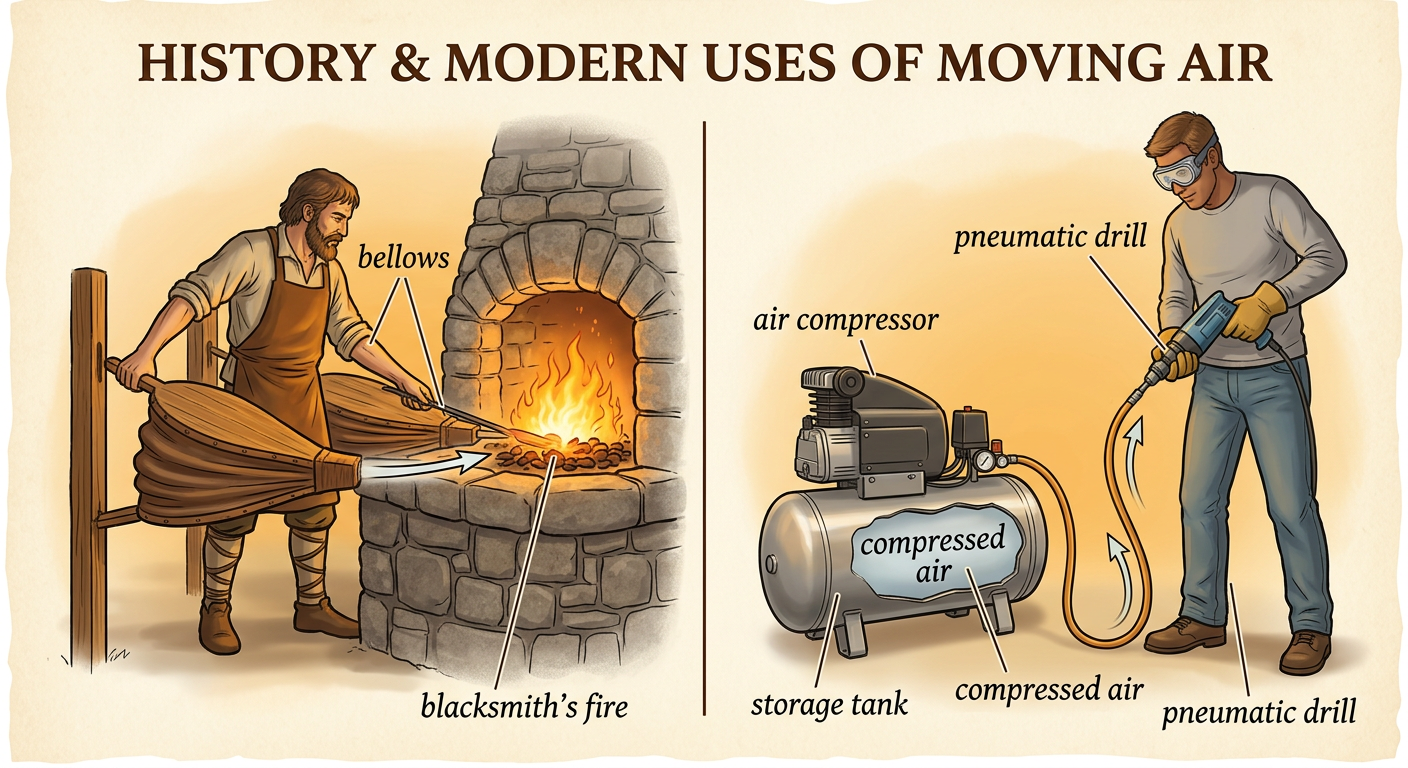 A blacksmith uses bellows near a fire while a modern air compressor powers a pneumatic drill.