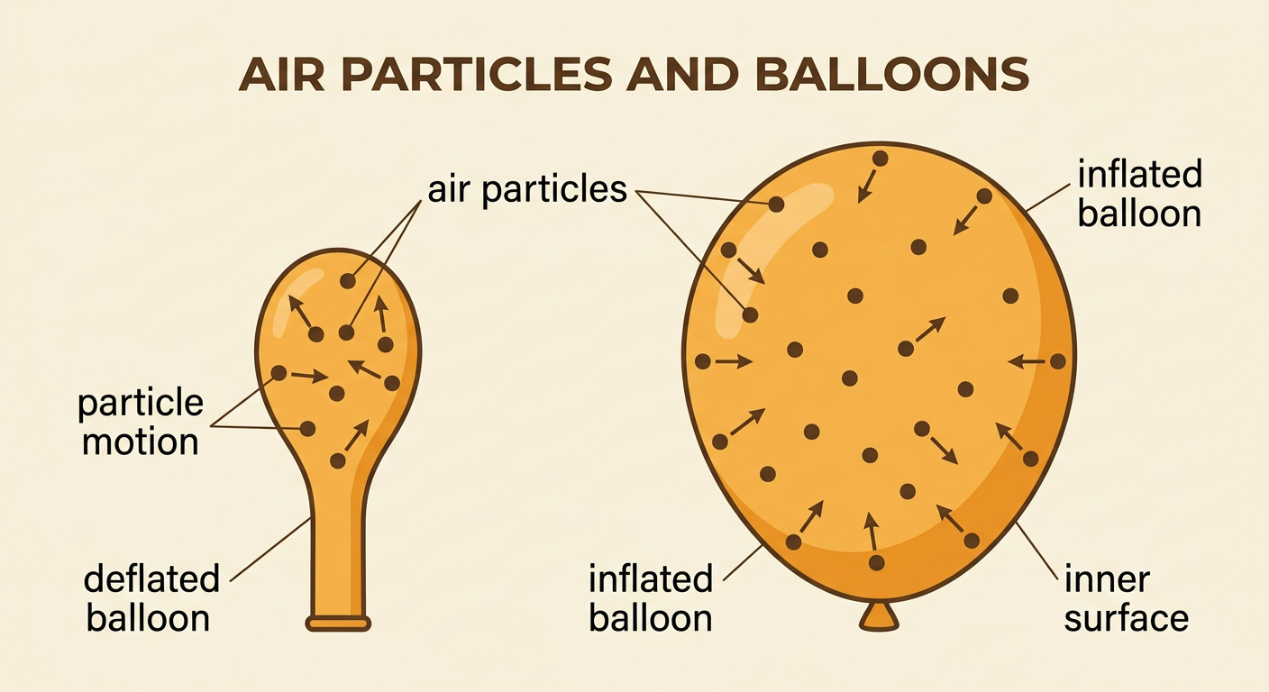 A deflated balloon model and a larger inflated balloon model show moving air particles as dots with arrows.