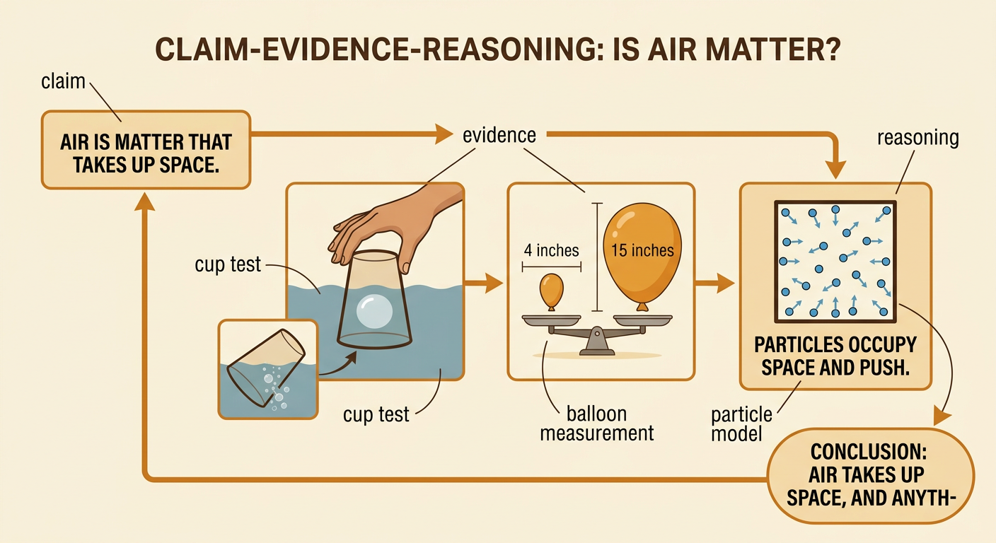 A claim-evidence-reasoning chart connects the cup test, balloon measurement, and particle model.