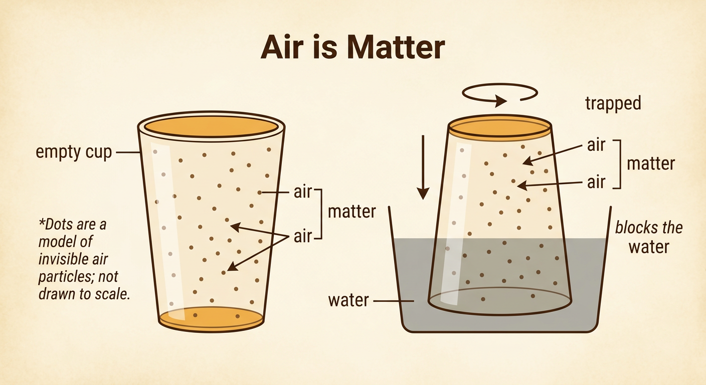 An upside-down clear cup holds invisible air above a bowl of water.