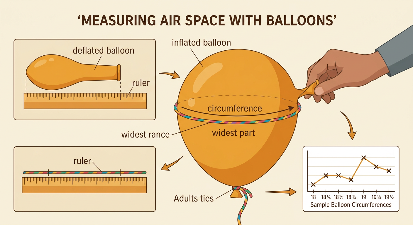A string measures the circumference around the widest part of an inflated balloon beside a deflated balloon.