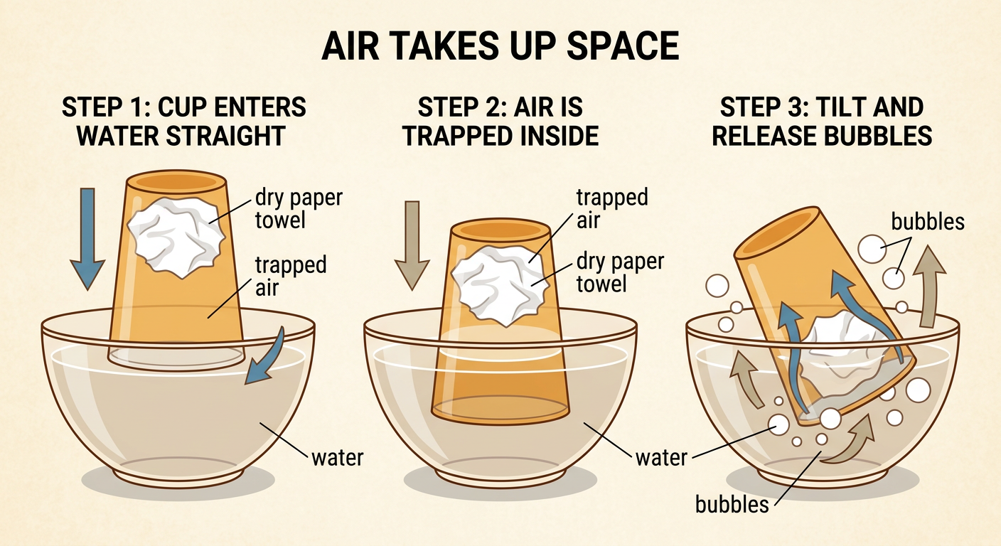 A clear upside-down cup traps air that keeps water away from a dry paper towel.