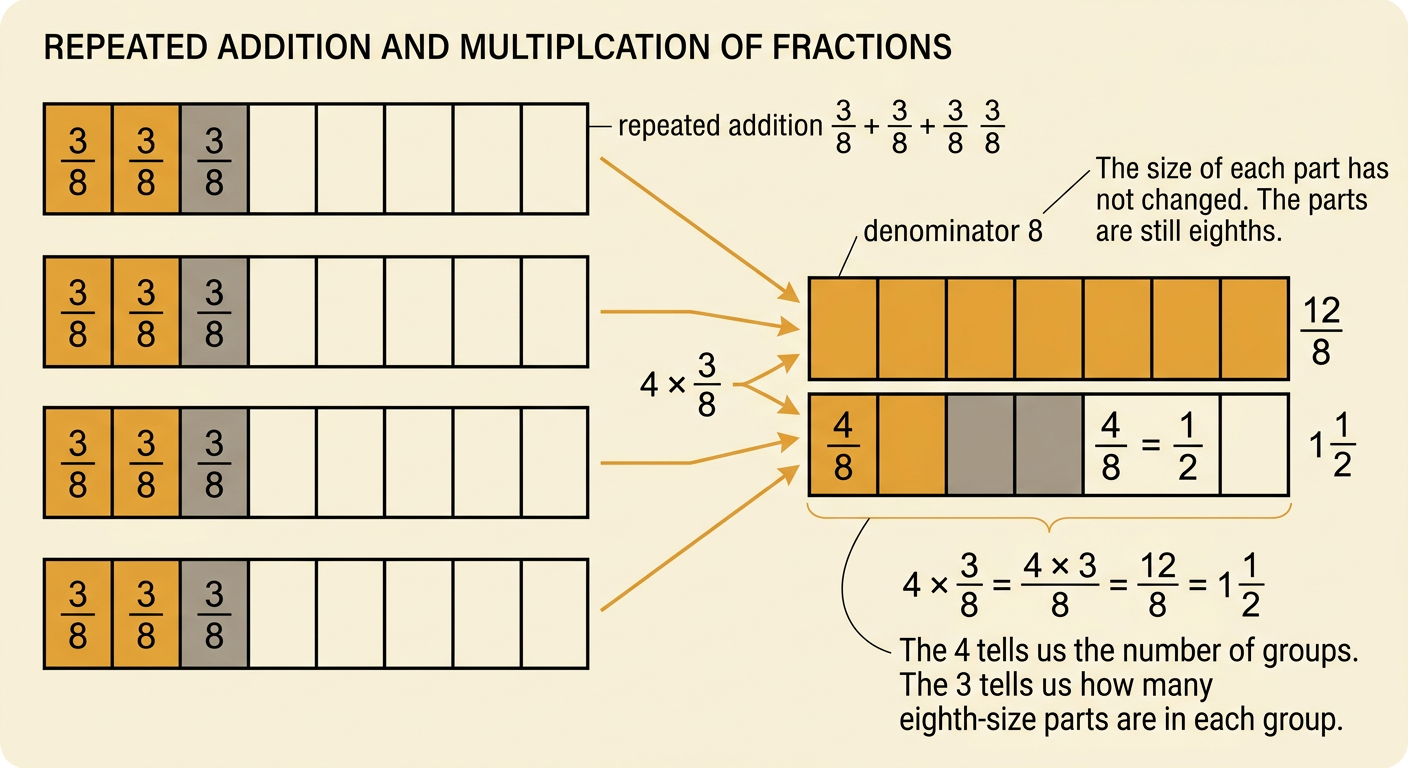Four fraction bars show three eighths shaded in each bar and connect repeated addition to a multiplication equation and mixed number.