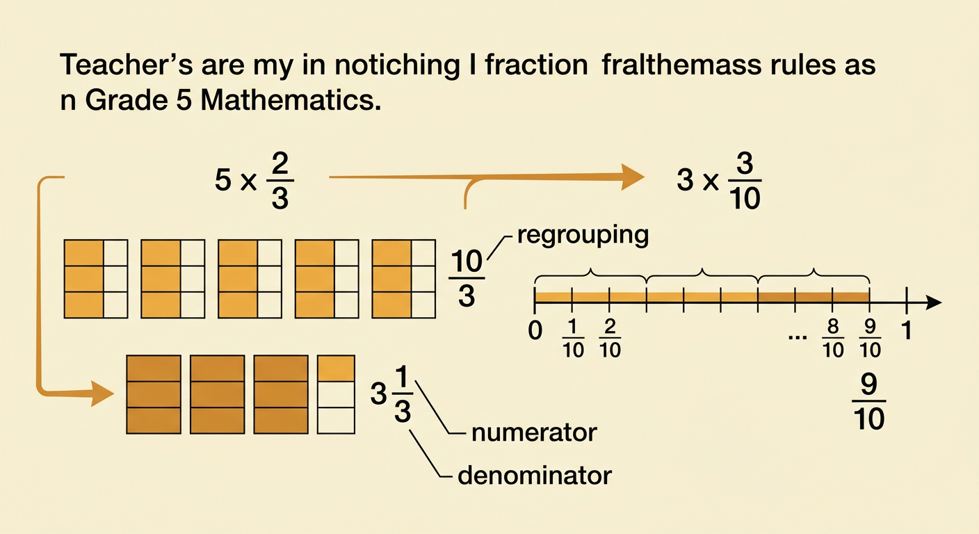 A worked-example board shows five groups of two-thirds becoming three and one-third and three groups of three-tenths becoming nine-tenths.
