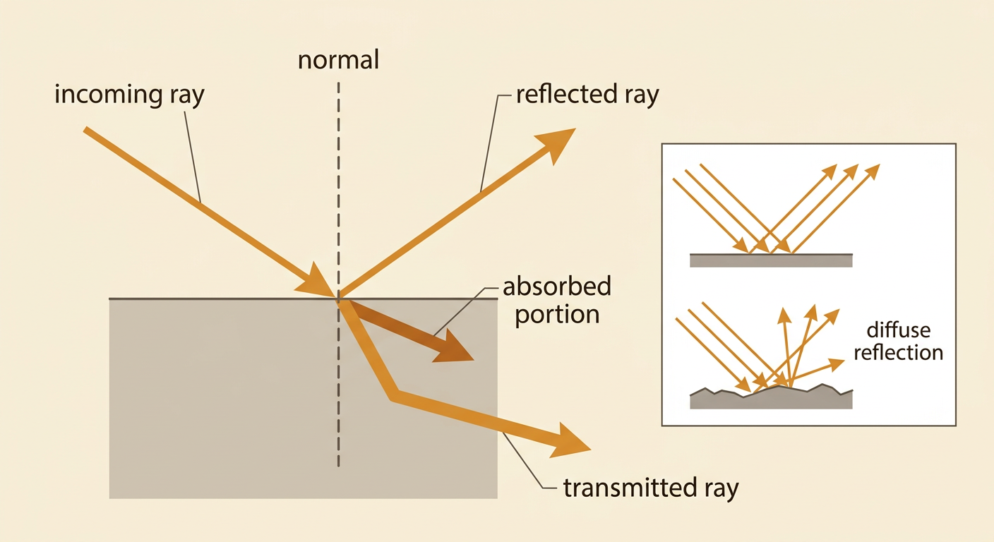 A ray model shows an incoming ray dividing into a reflected ray, an absorbed portion, and a transmitted ray beside the normal.