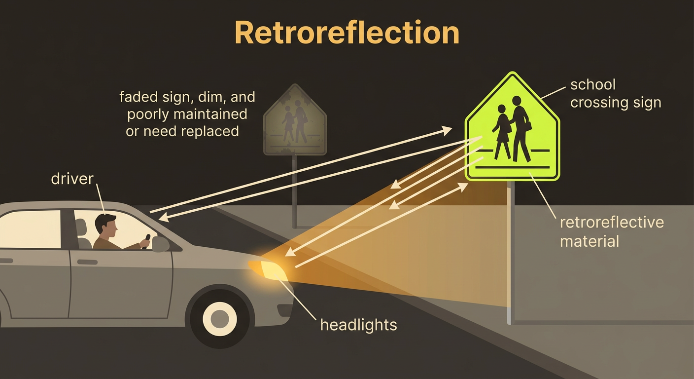 Headlights strike retroreflective material on a school crossing sign and send bright light back toward the driver.