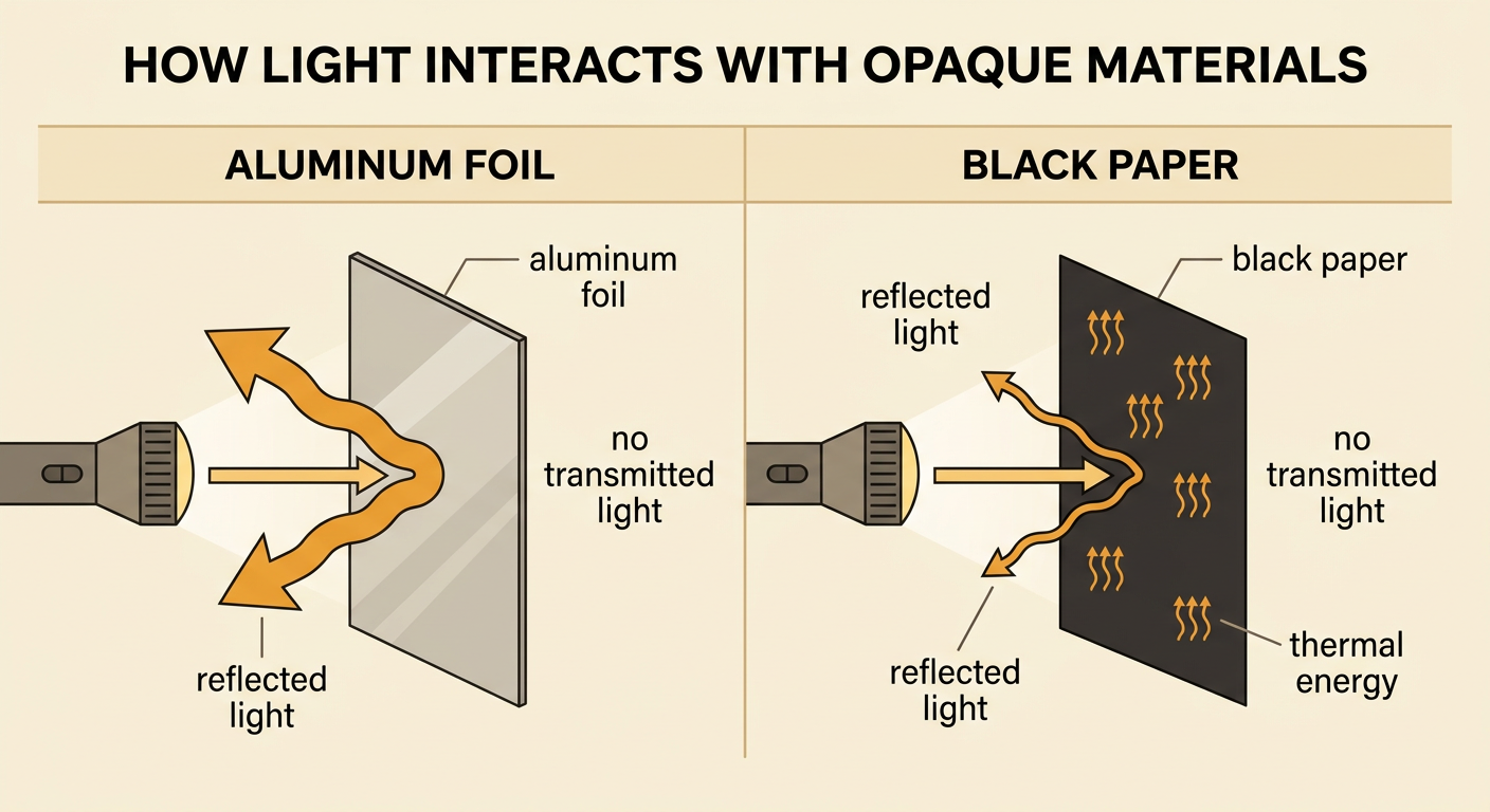 Aluminum foil sends reflected light back while black paper gains thermal energy and allows almost no transmitted light through.