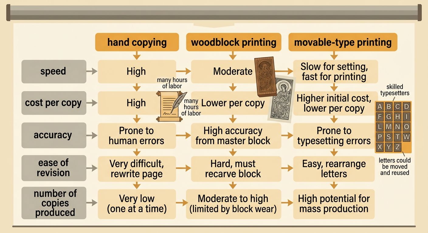 A comparison chart contrasts hand copying, woodblock printing, and movable-type printing by production criteria.