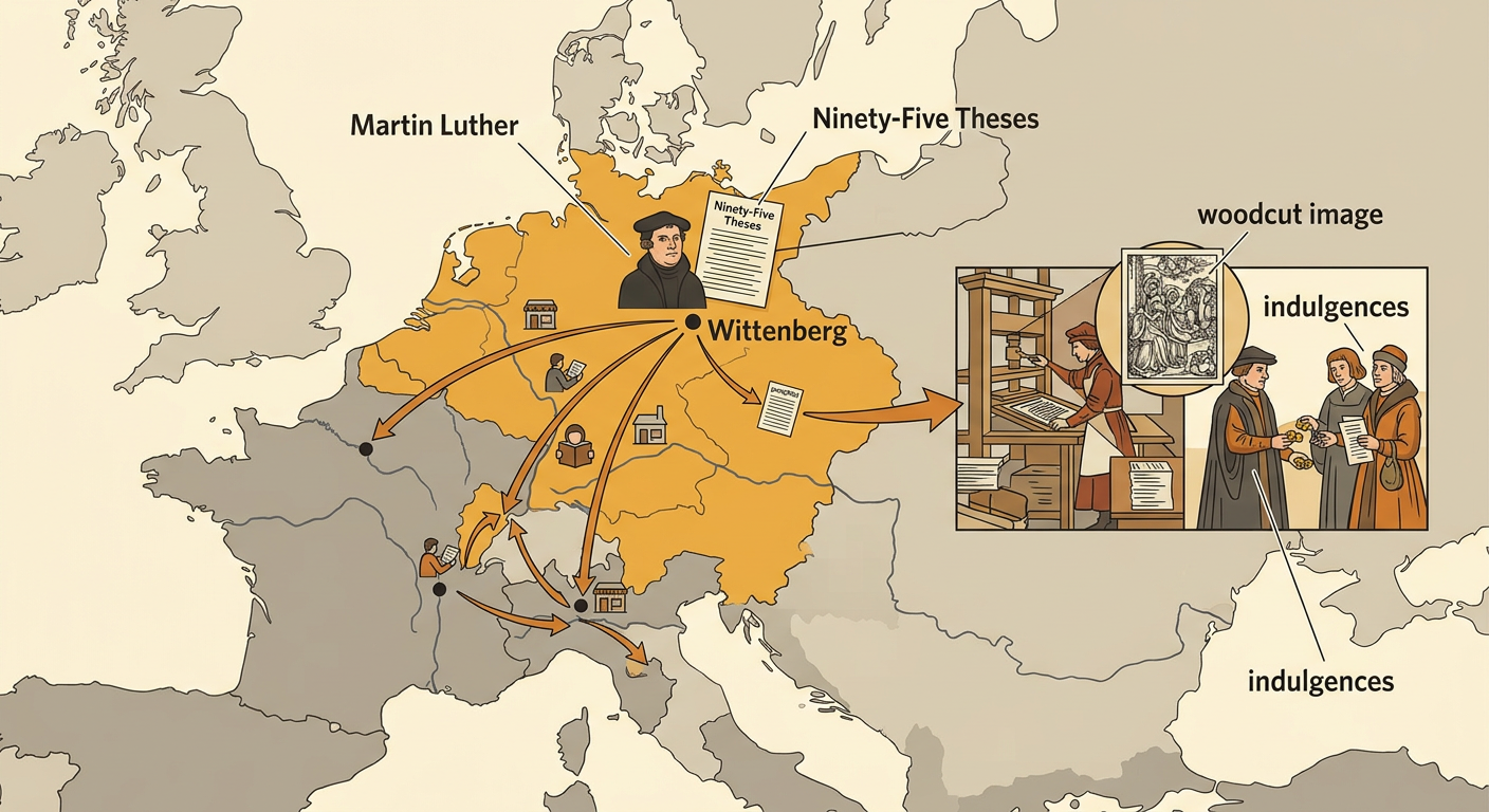 Martin Luther's Ninety-Five Theses becomes a printed pamphlet with a woodcut image and travels between European towns.