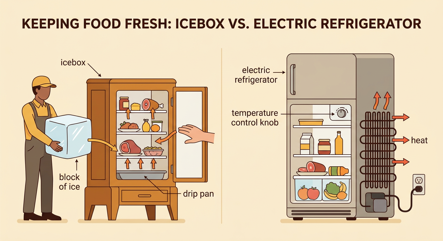 A side-by-side picture compares an old icebox holding a melting ice block with a modern refrigerator moving heat outward.