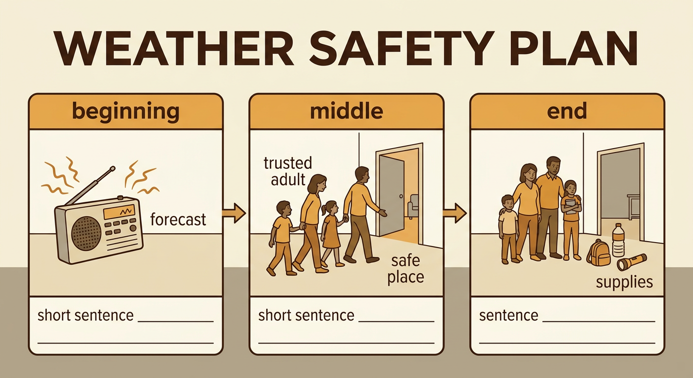 A three-part drawing shows a forecast, a trusted adult leading everyone to a safe place, and the group waiting safely with supplies.