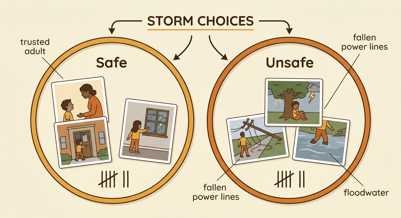 Picture cards showing storm choices are sorted into hoops marked Safe and Unsafe while a trusted adult watches.