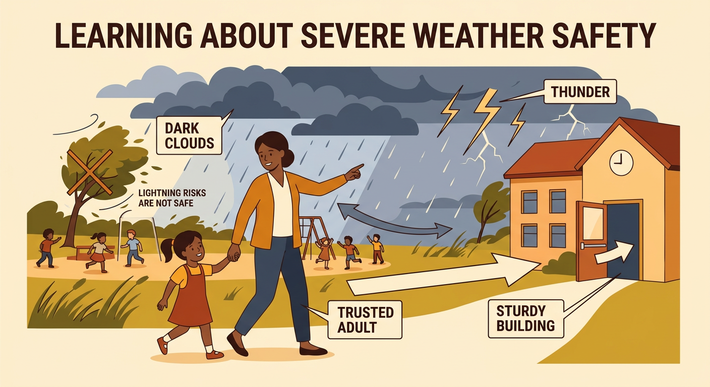 Maya points to dark storm clouds at a park as her teacher leads the class into a sturdy building.