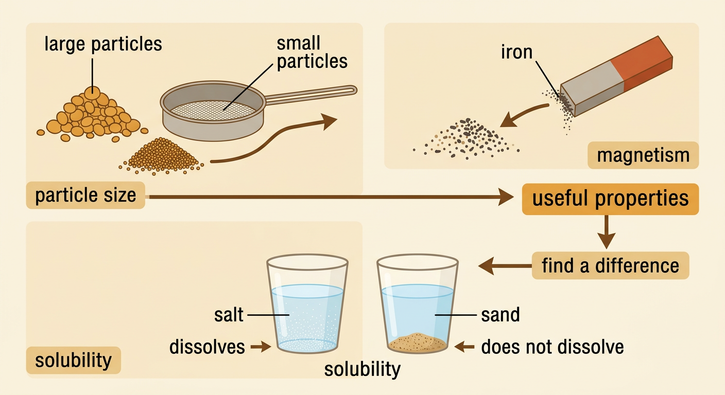 Three simple tests compare sand, salt, and iron by particle size, attraction to a magnet, and dissolving in water.