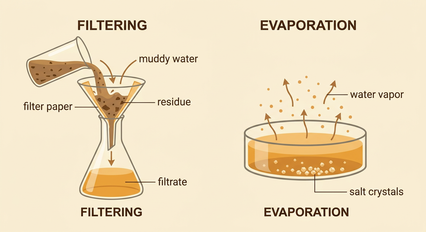 Muddy water passes through filter paper beside a shallow dish where water vapor rises and salt crystals remain.