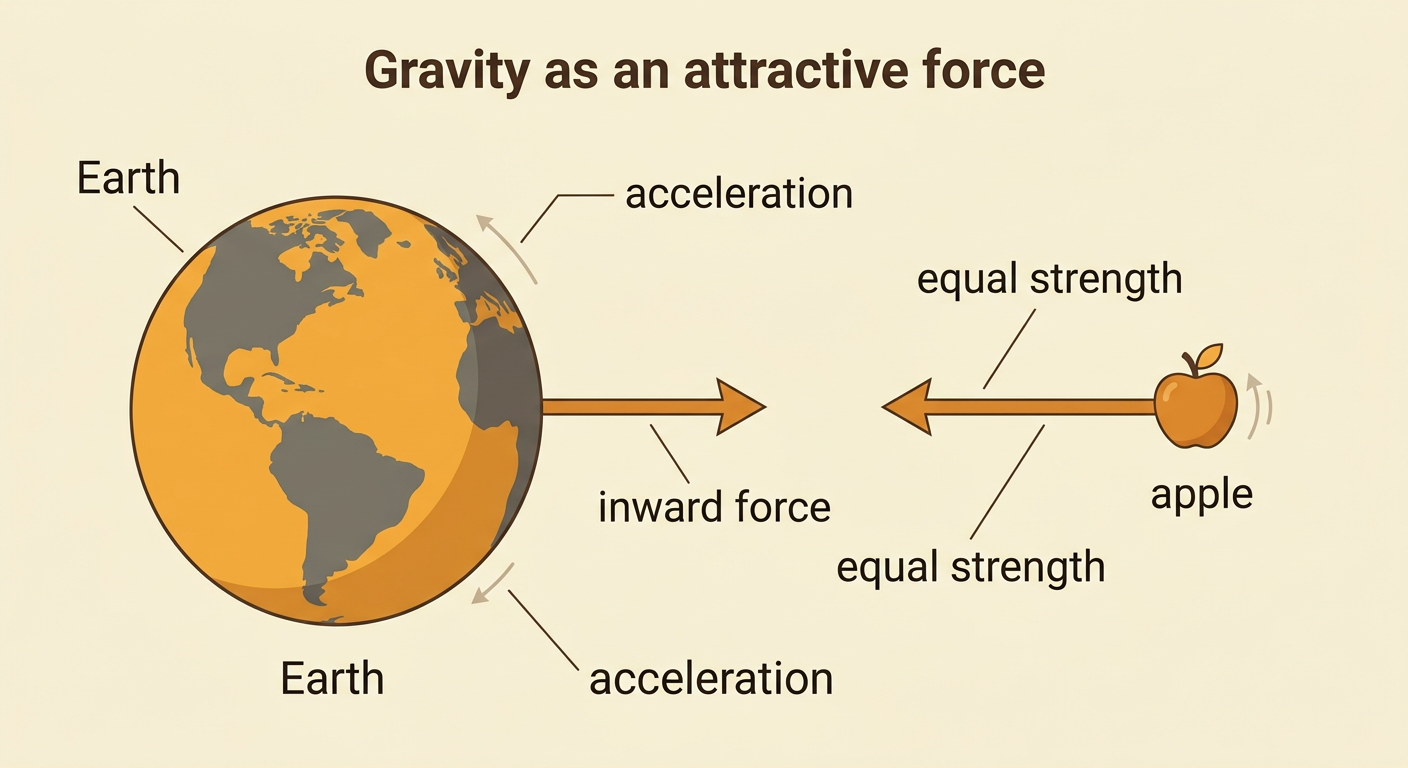 A force diagram shows Earth and an apple pulling toward each other with equal-length inward arrows while the apple’s motion is much larger.