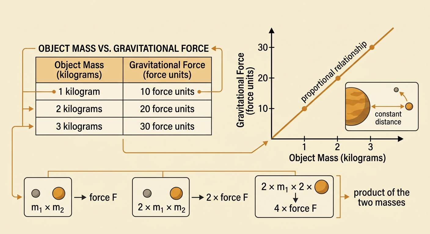 A simple graph and data table show gravitational force increasing in equal steps as an object’s mass rises from 1 to 4 kilograms at a constant distance.