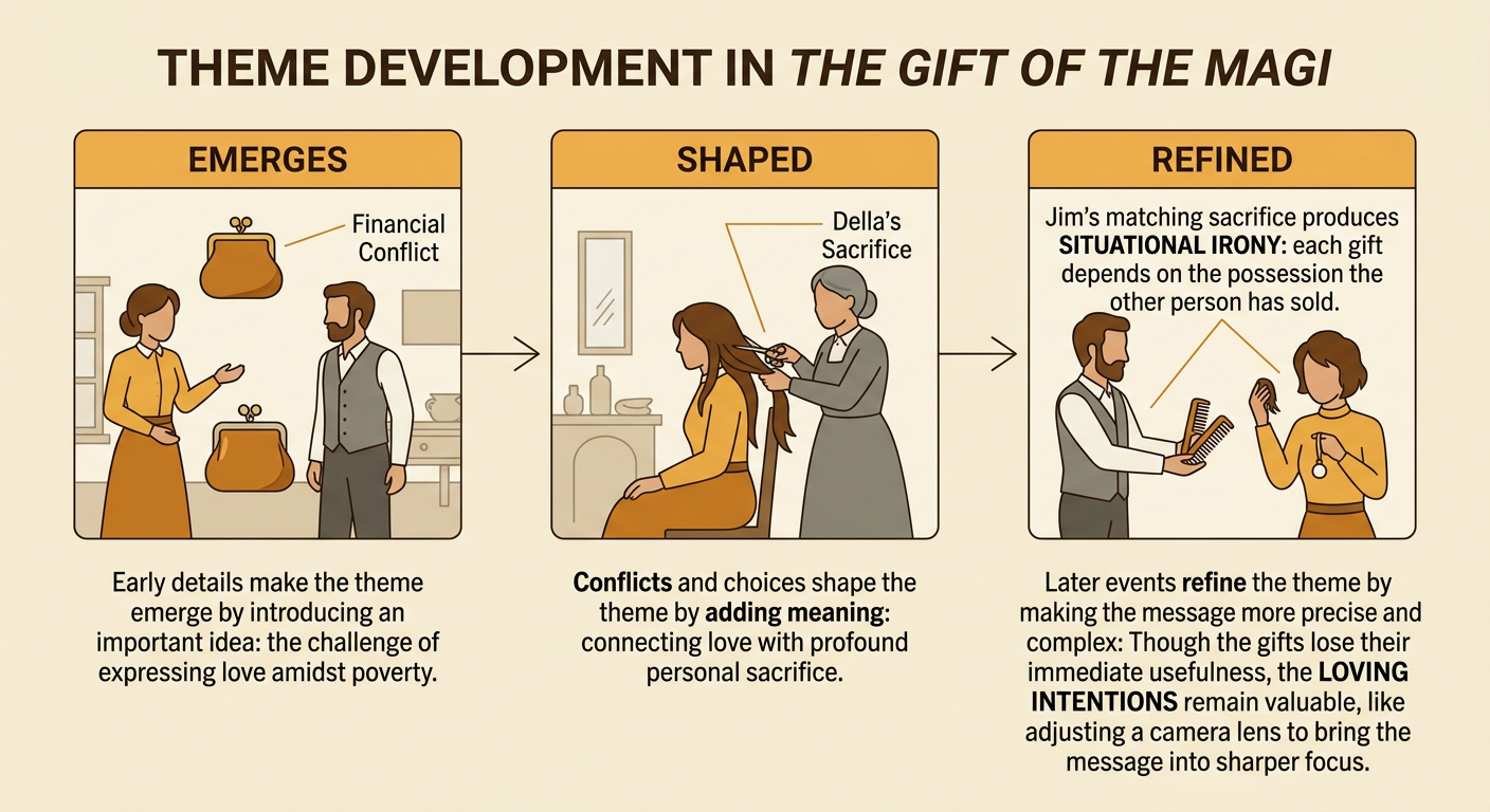 A three-stage diagram shows how sacrifice and situational irony bring the theme into sharper focus.