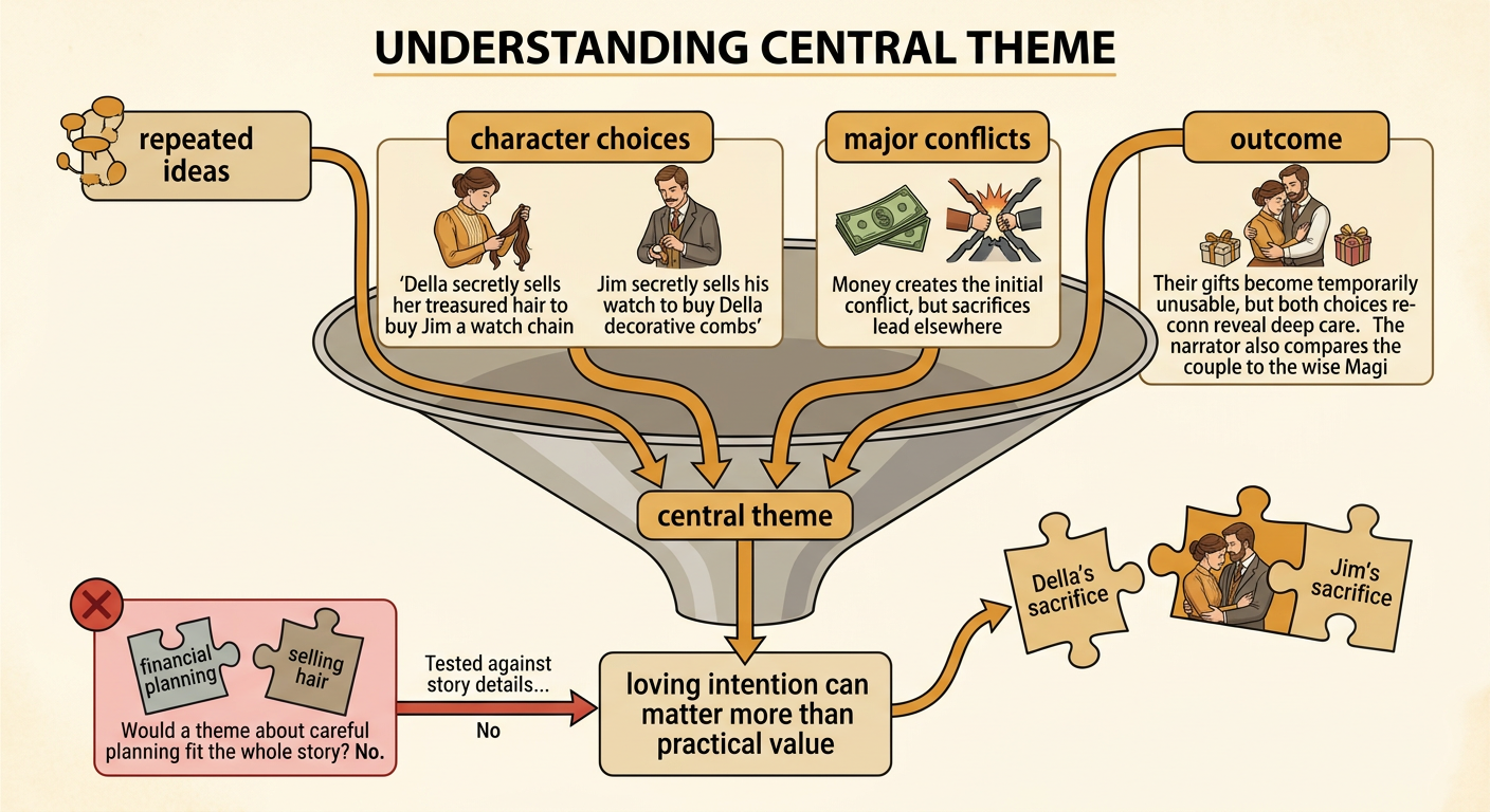 An evidence map connects the couple’s choices, conflict, and outcome to one central theme.