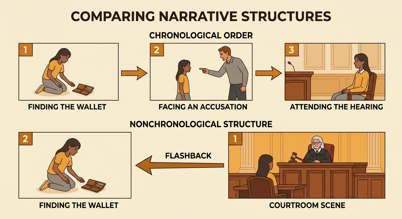 A story diagram shows Maya’s courtroom scene first, followed by a flashback to the earlier wallet discovery.