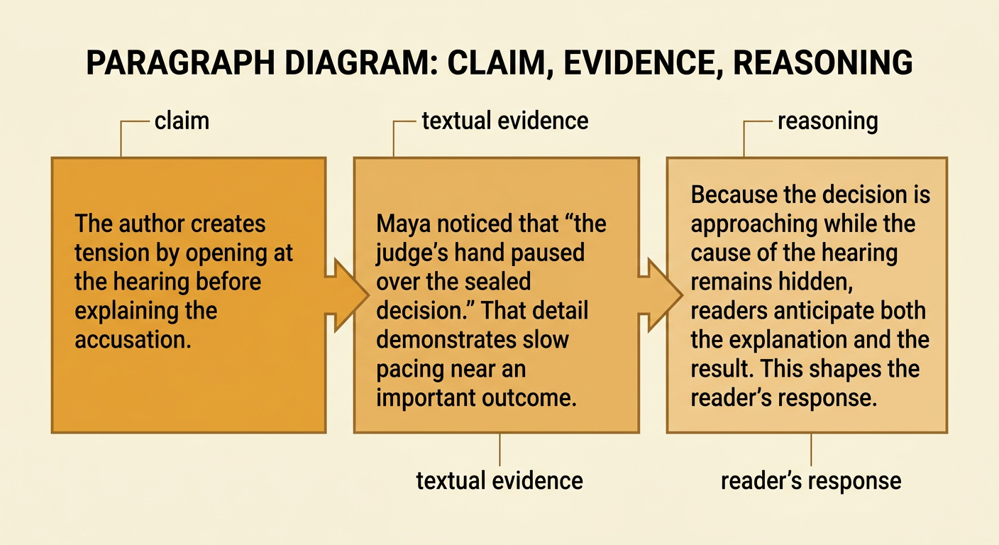 An annotated analysis paragraph links a structural claim to a precise quotation, reasoning, and the resulting reader response.