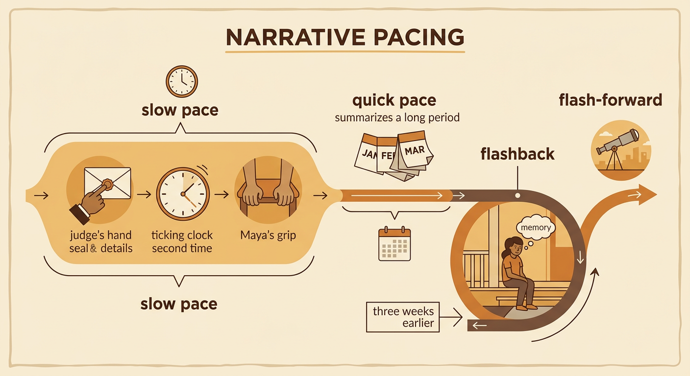 A pacing diagram contrasts an expanded courtroom moment, a compressed month, and a flashback marked by a time-shift signal.