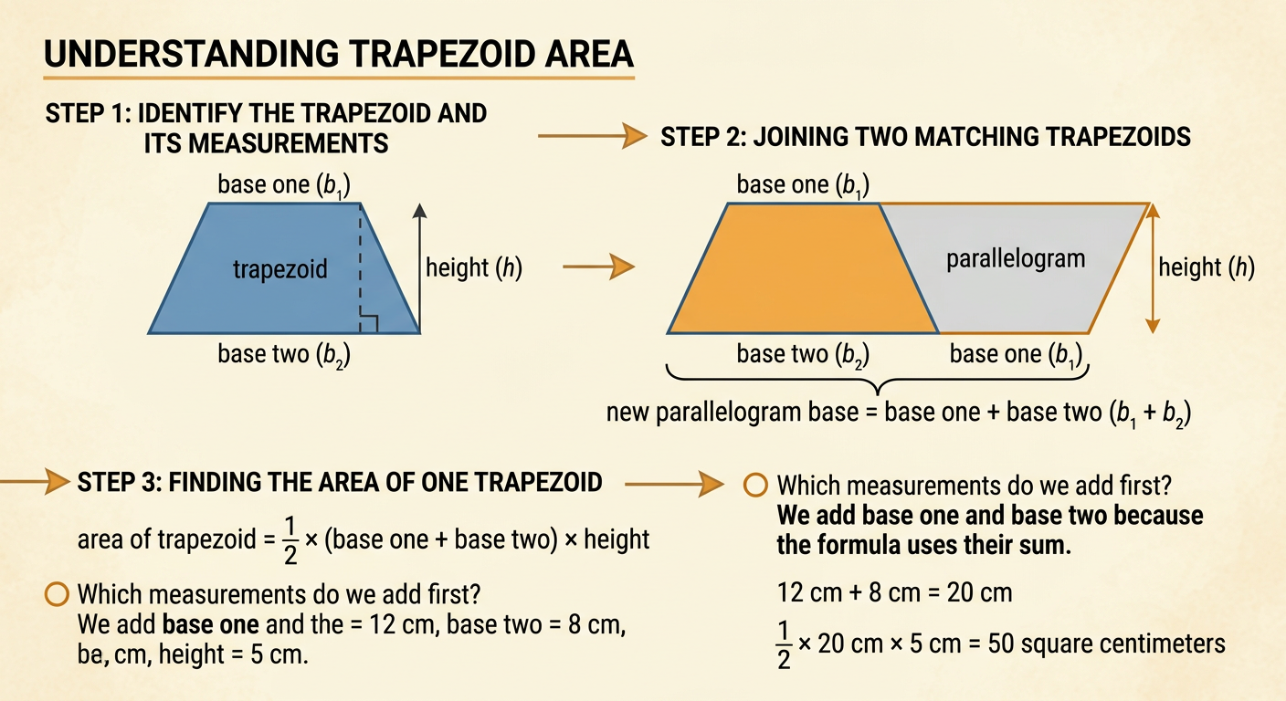 A labeled trapezoid shows two parallel bases, a perpendicular height, and an area calculation.