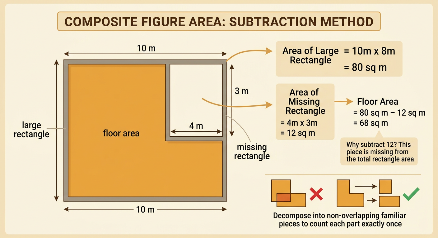 An L-shaped floor is shown inside a 10-meter-by-8-meter rectangle with a 4-meter-by-3-meter corner missing.
