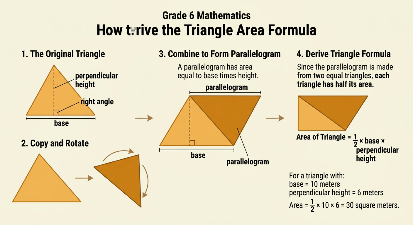 Two matching triangles combine to form a parallelogram with its base and perpendicular height marked.