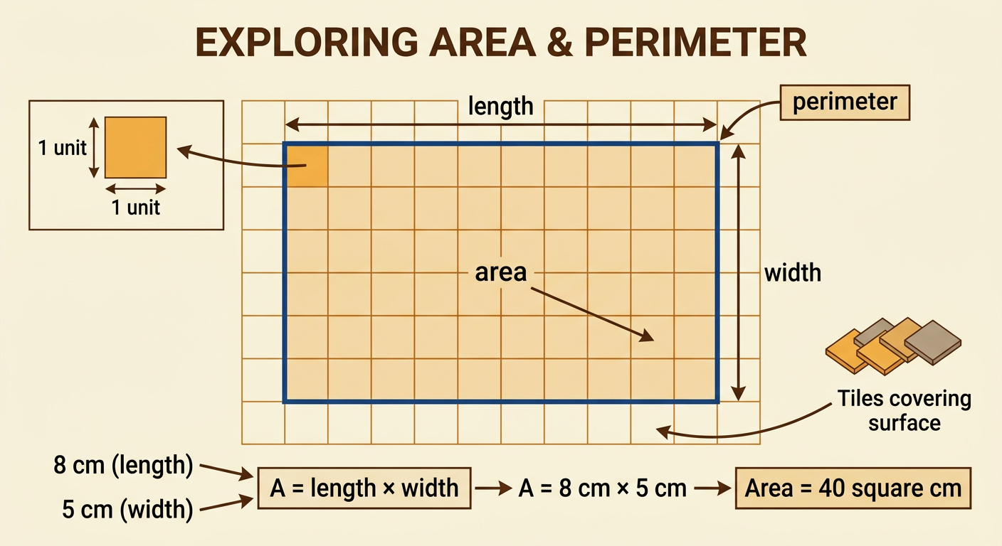 A gridded rectangle shows a length of 8 centimeters, a width of 5 centimeters, an inside area of 40 square centimeters, and perimeter around the edge.