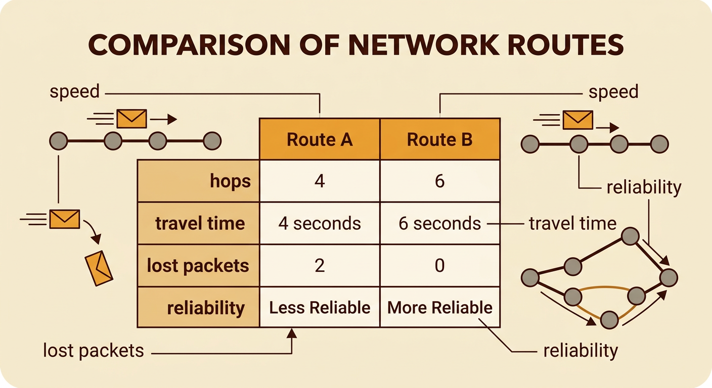 A comparison chart shows Route A as faster with lost packets and Route B as slower with no lost packets.