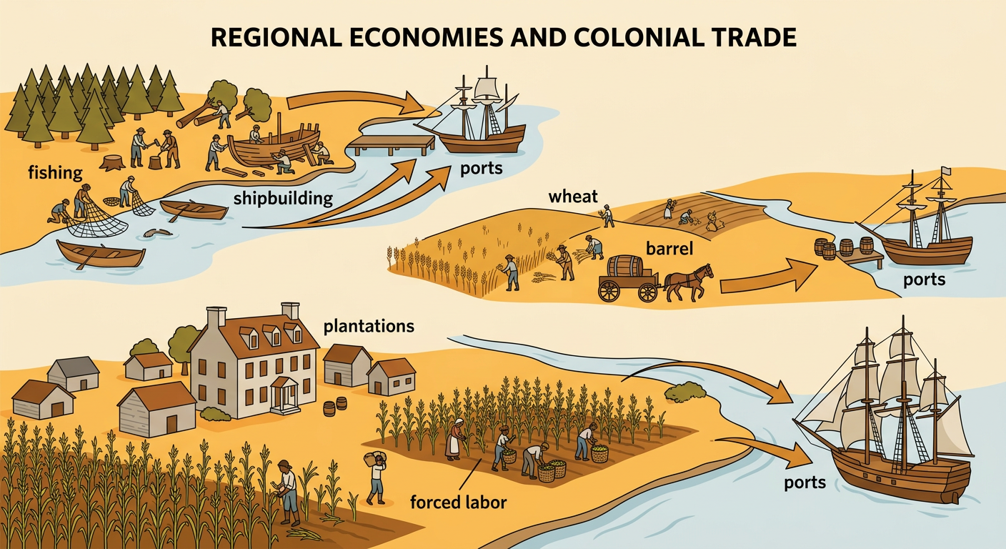 A three-region scene shows coastal trades in New England, wheat moving to middle ports, and plantation crops traveling on southern rivers.
