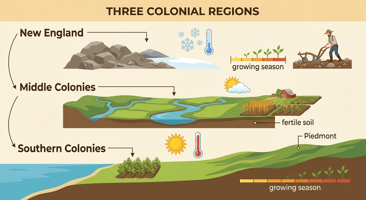 A north-to-south comparison diagram shows rocky northern hills, fertile middle valleys, and warm southern plains beside matching climate symbols.