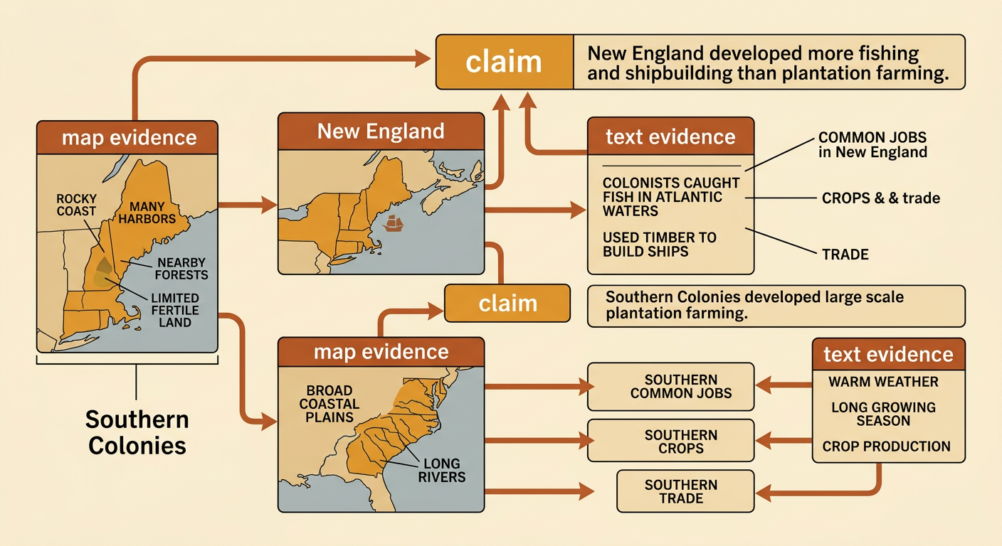 An evidence organizer connects a claim about New England and the Southern Colonies to supporting details from a map and a text.