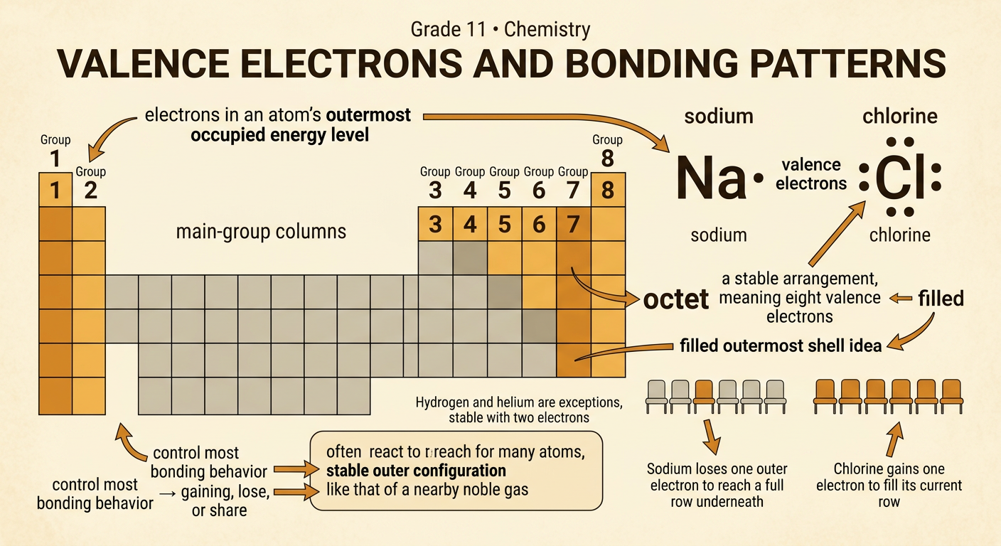 A periodic table diagram shows sodium with one outer electron and chlorine with seven, along with their paths toward stable octets.