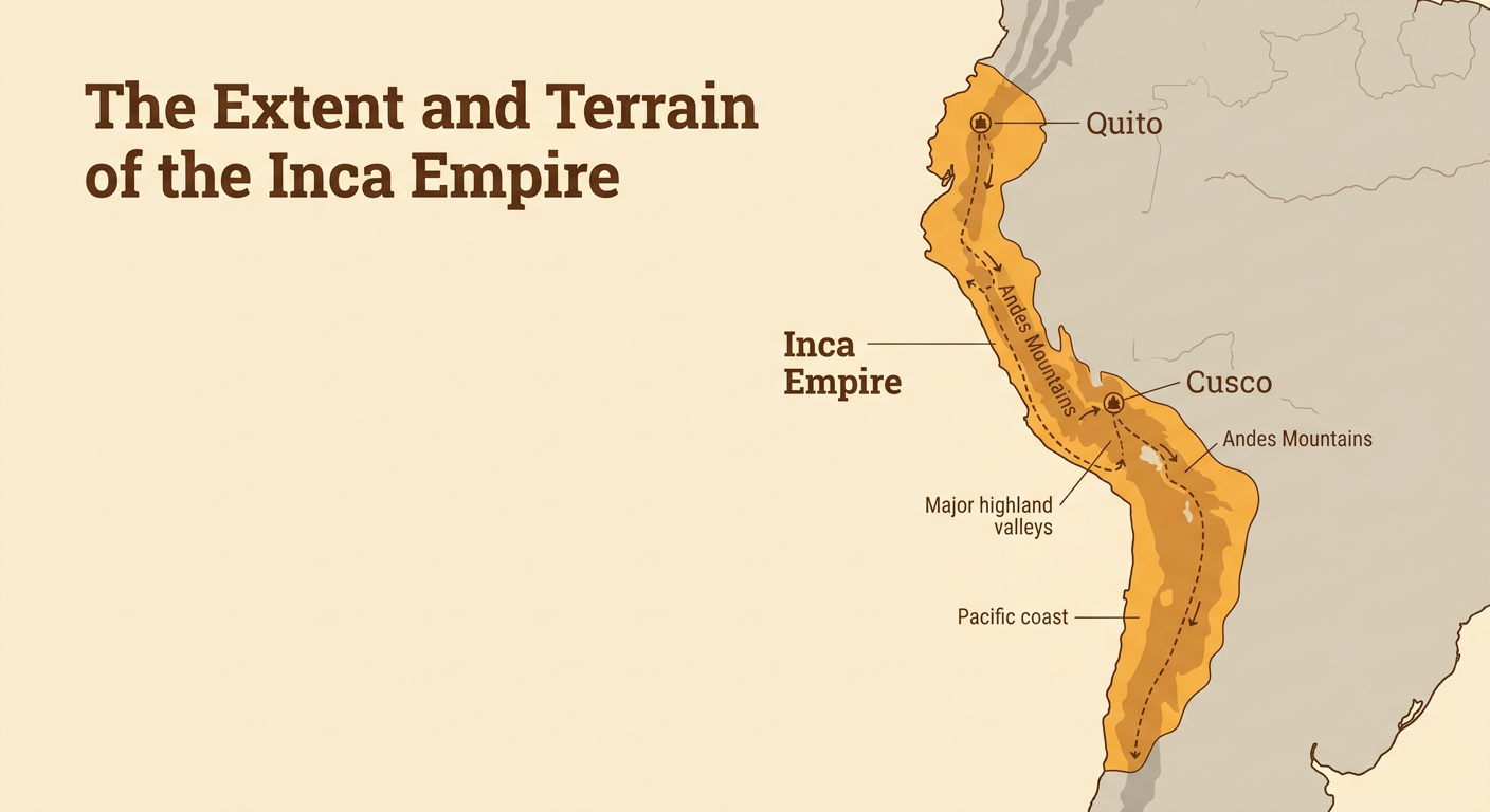 A map shows the long Inca territory stretching from Quito through Cusco along the Andes.