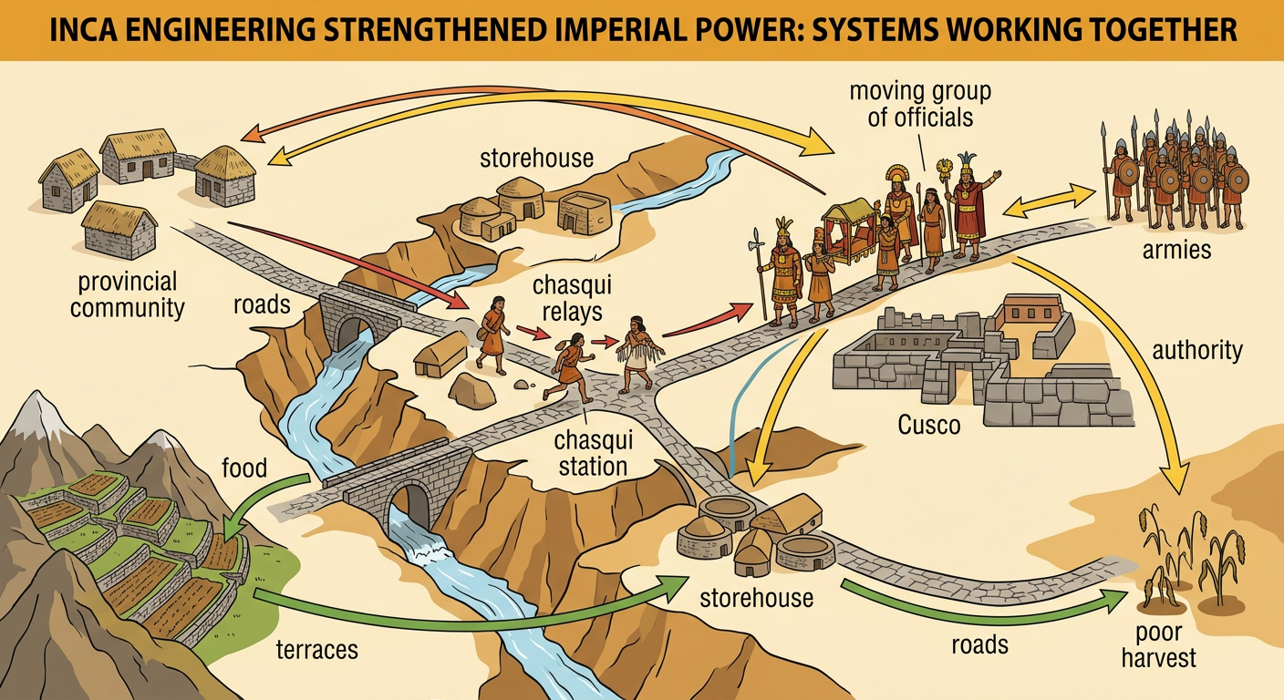A connected empire diagram shows messengers, supplies, troops, and food moving among roads, storehouses, and farm terraces.