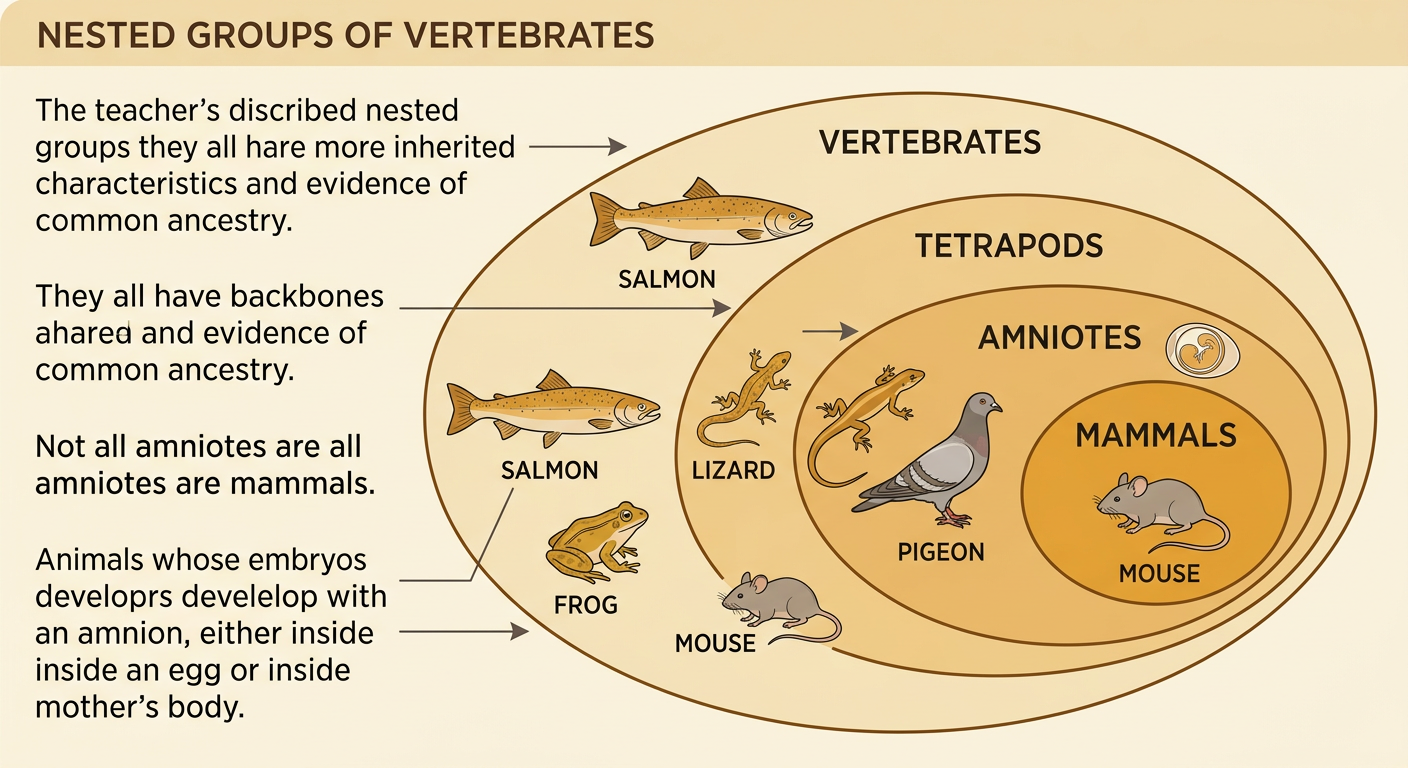 Five animals appear in nested circles for vertebrates, tetrapods, amniotes, and mammals.