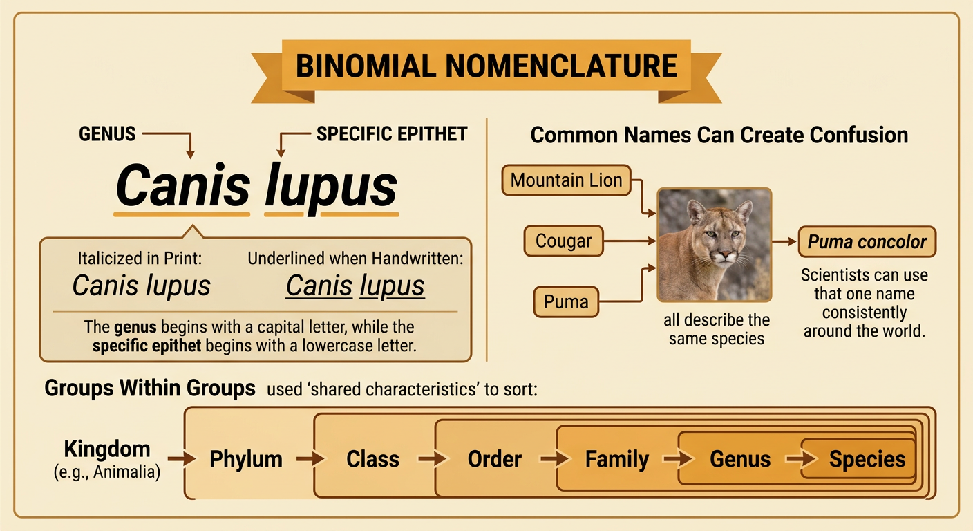 Two scientific names are shown with arrows identifying their genus and specific epithet.