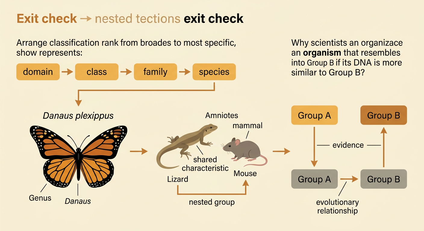 An exit-check card shows rank order, a binomial name, nested amniotes, and a DNA comparison.