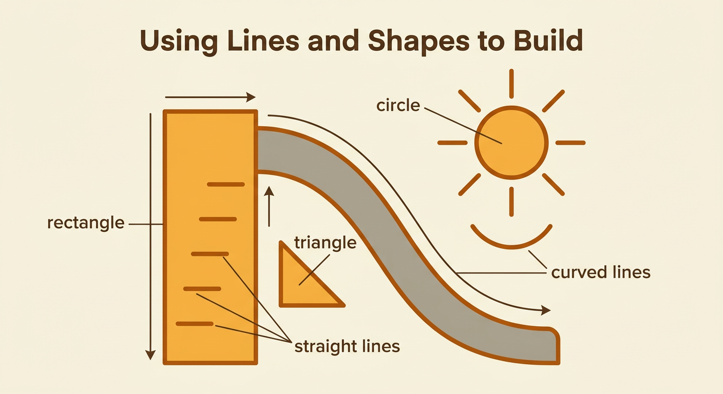 A playground slide is built from a circle, rectangle, triangle, straight lines, and curved lines on a drawing canvas.