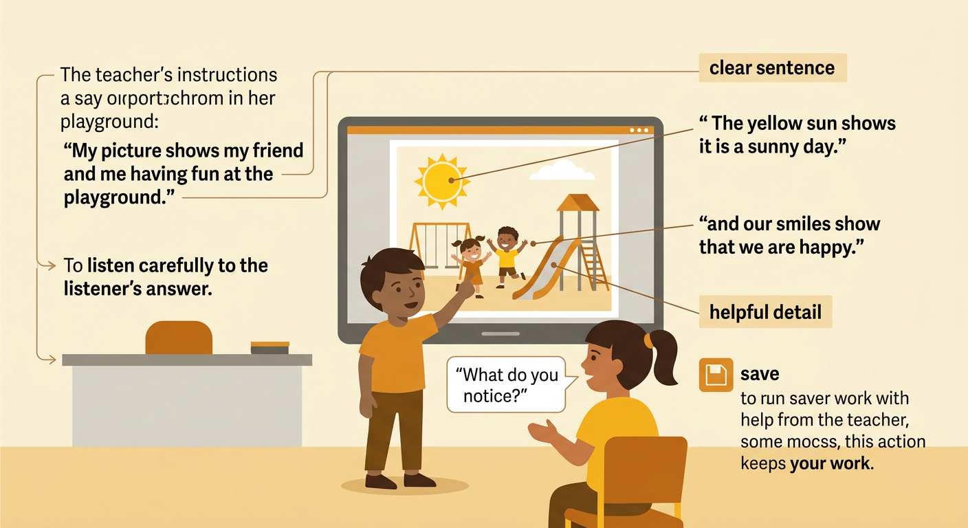 A child points to a finished playground drawing while a partner listens and the save control appears on the screen.