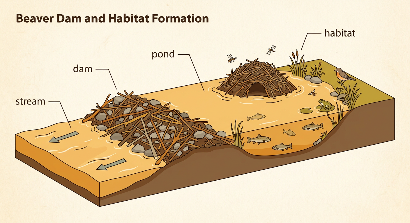 A beaver dam crosses a stream and forms a pond where several kinds of animals live.