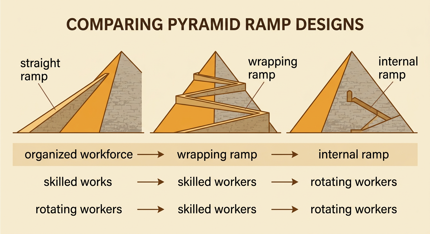 A comparison scene shows three ramp designs beside evidence of trained and rotating pyramid workers.