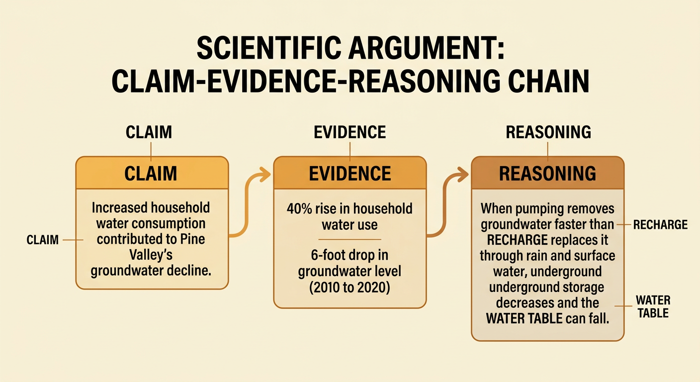 A connected diagram shows a water-use claim supported by two data points and scientific reasoning about pumping and groundwater recharge.
