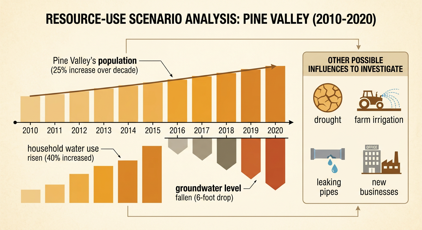 A Pine Valley data display compares population, household water use, and groundwater measurements from 2010 to 2020 while showing drought as another possible cause.